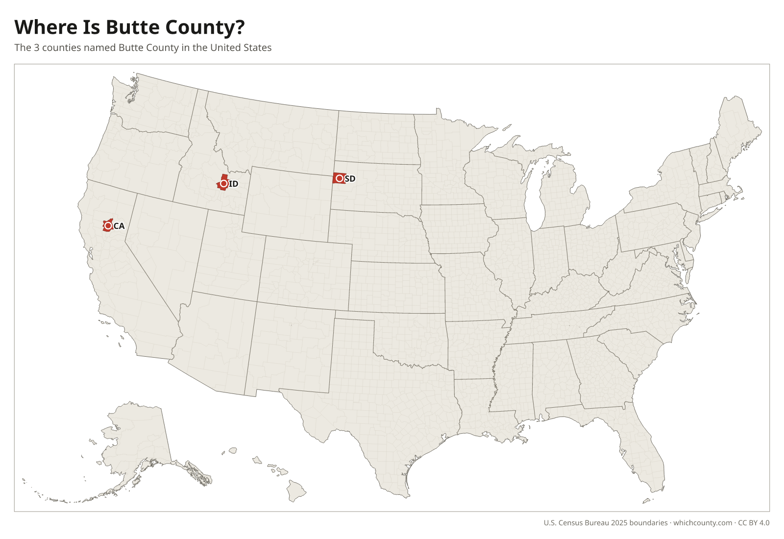 Map of the United States showing where all 3 Butte Counties are, labeled by state