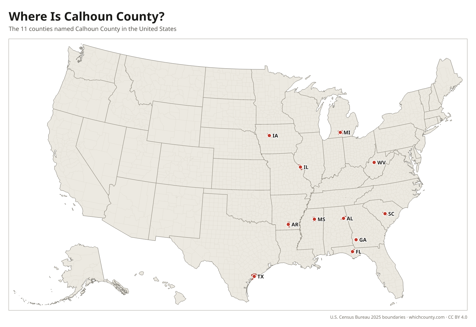 Map of the United States showing where all 11 Calhoun Counties are, labeled by state