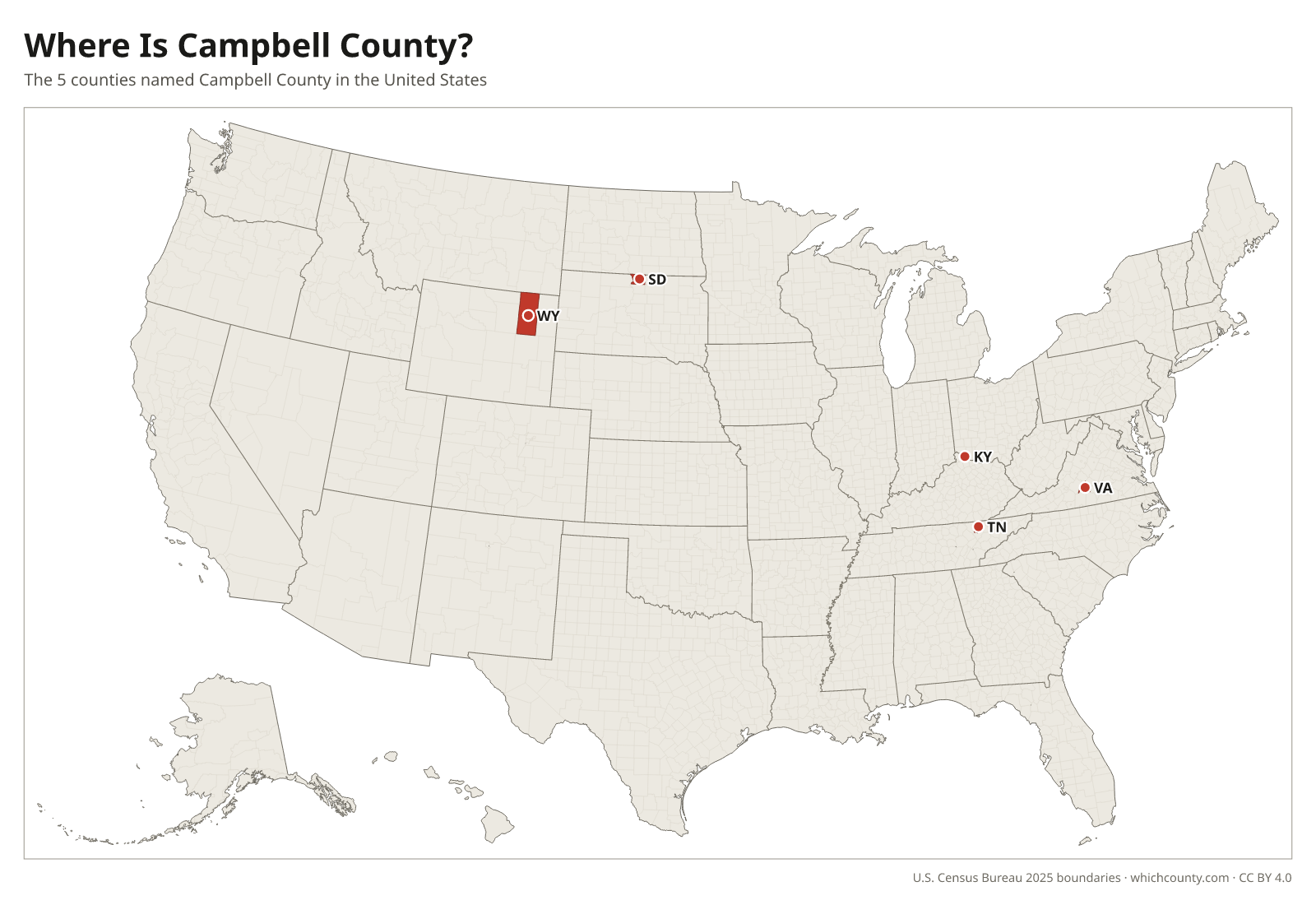 Map of the United States showing where all 5 Campbell Counties are, labeled by state