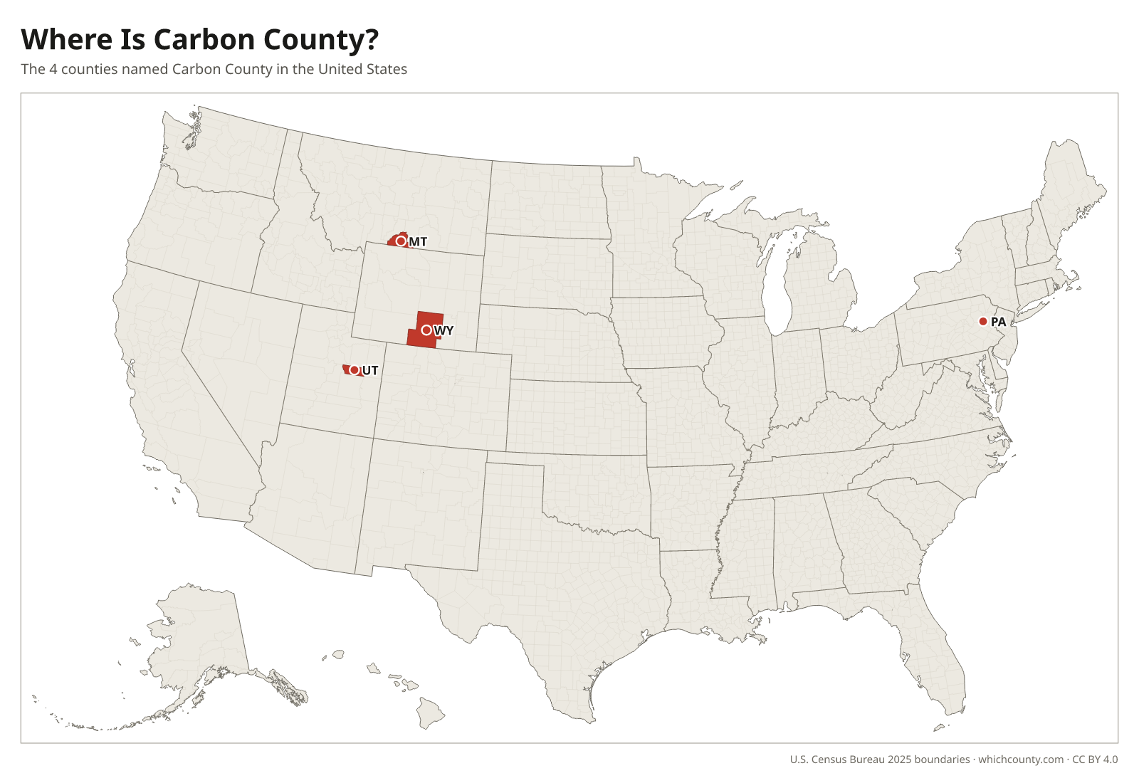 Map of the United States showing where all 4 Carbon Counties are, labeled by state