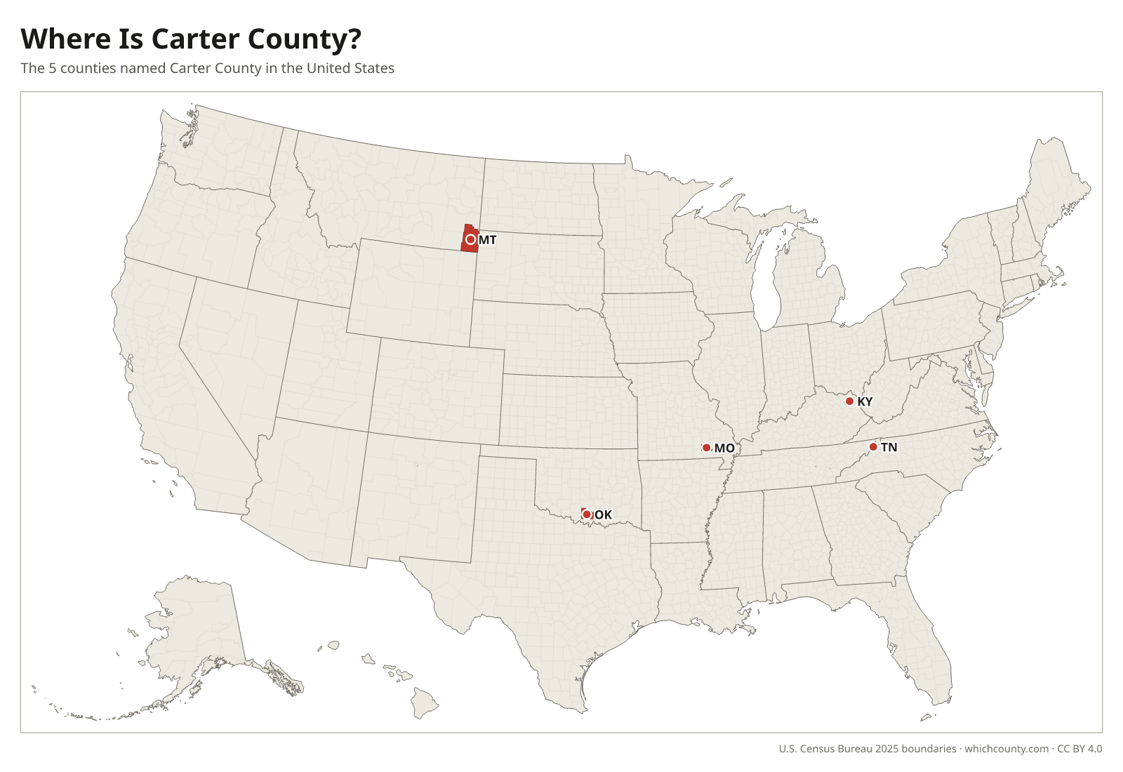 Map of the United States showing where all 5 Carter Counties are, labeled by state