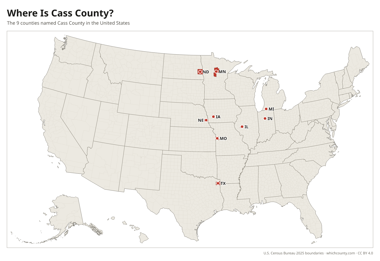 Map of the United States showing where all 9 Cass Counties are, labeled by state