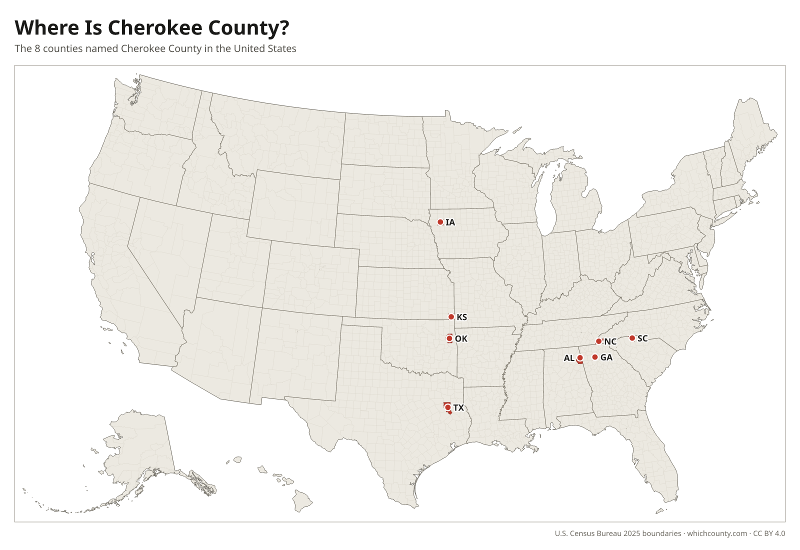 Map of the United States showing where all 8 Cherokee Counties are, labeled by state