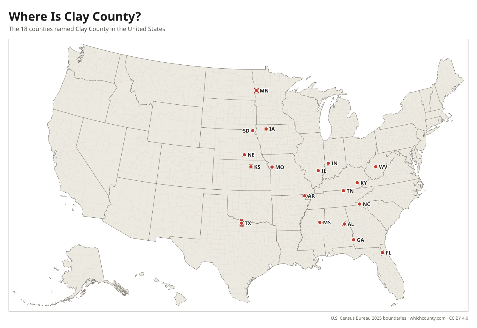 Map of the United States showing where all 18 Clay Counties are, labeled by state