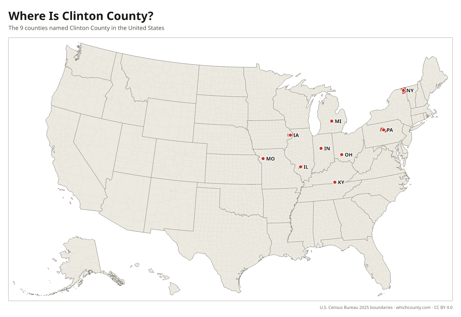 Map of the United States showing where all 9 Clinton Counties are, labeled by state