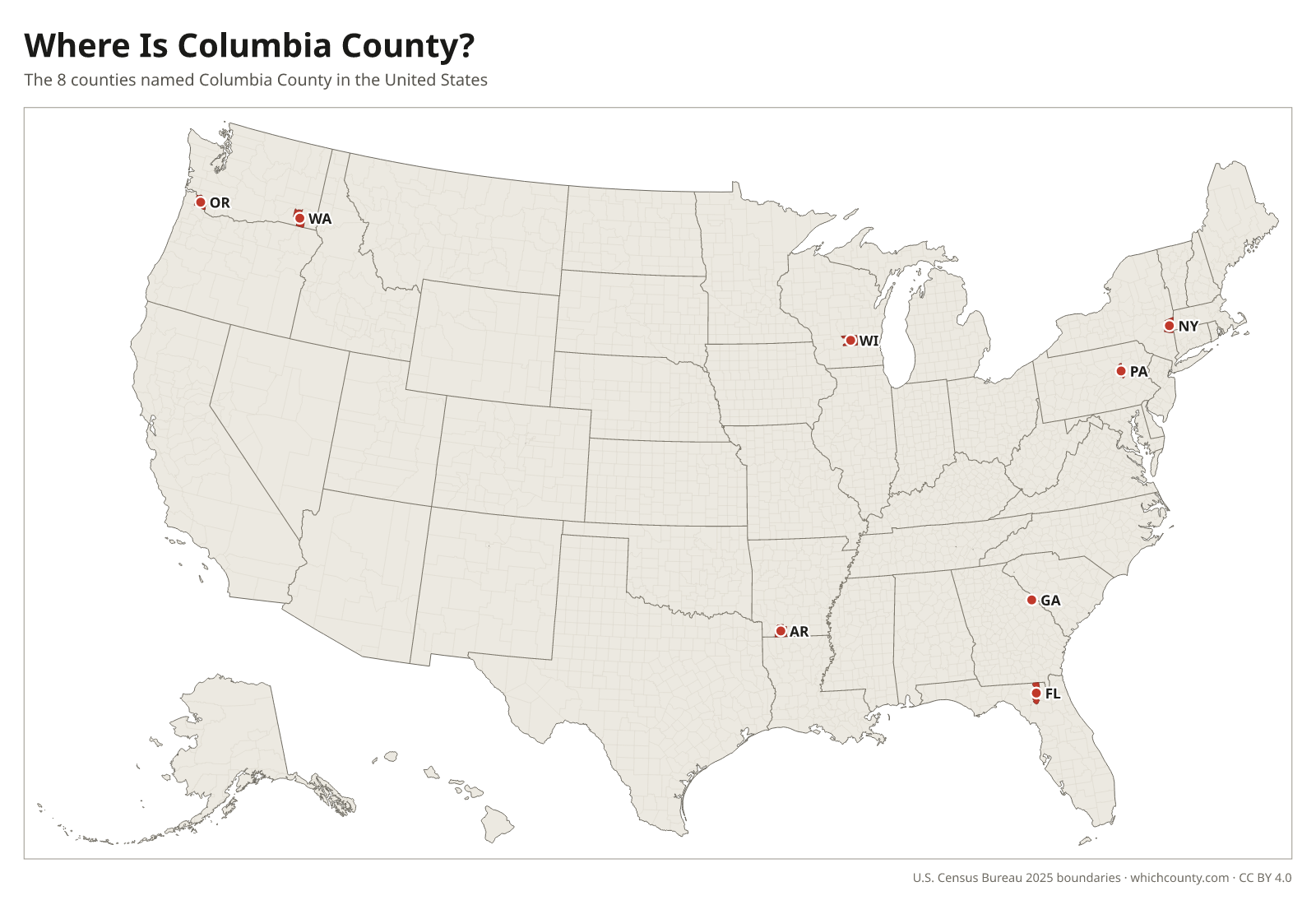 Map of the United States showing where all 8 Columbia Counties are, labeled by state