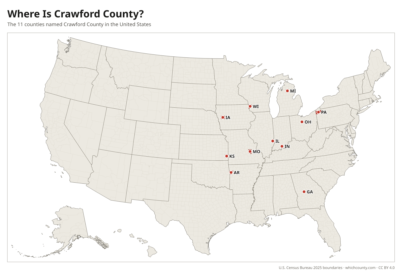 Map of the United States showing where all 11 Crawford Counties are, labeled by state