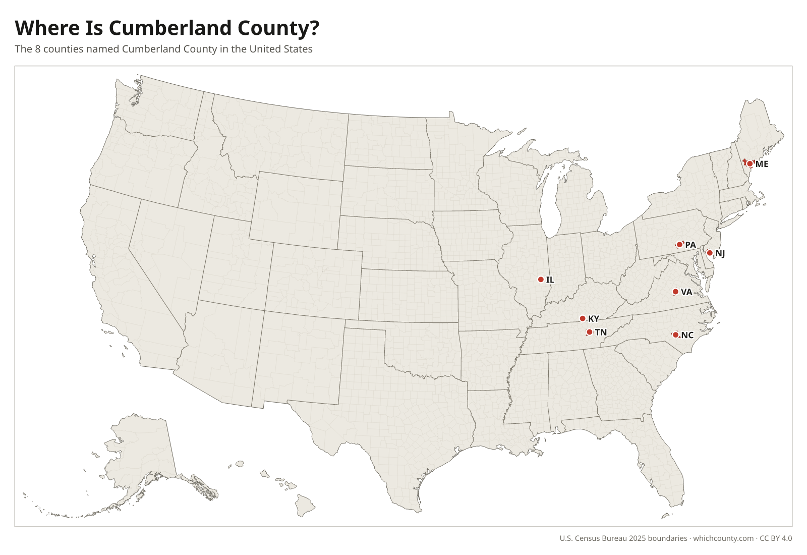 Map of the United States showing where all 8 Cumberland Counties are, labeled by state