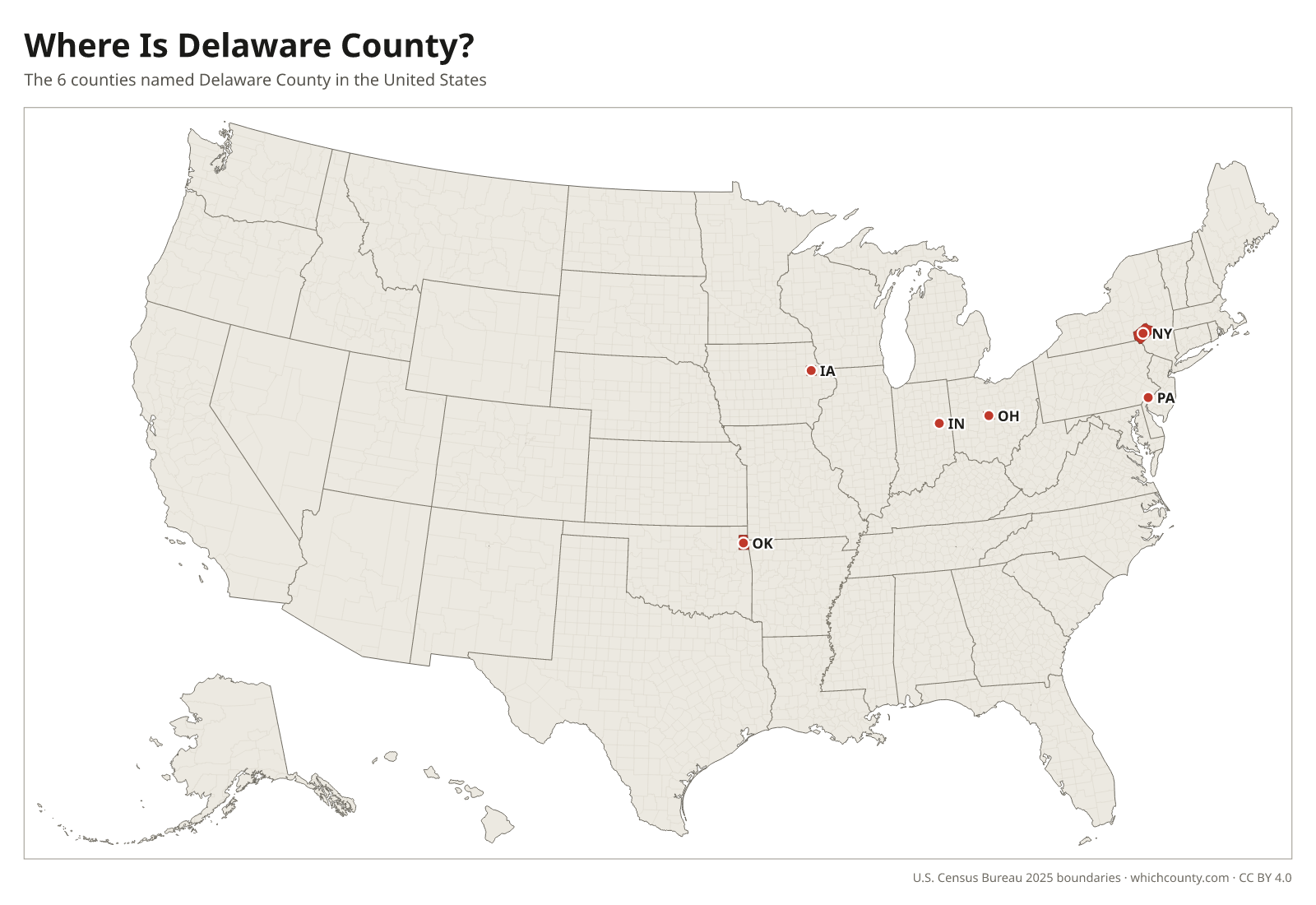 Map of the United States showing where all 6 Delaware Counties are, labeled by state