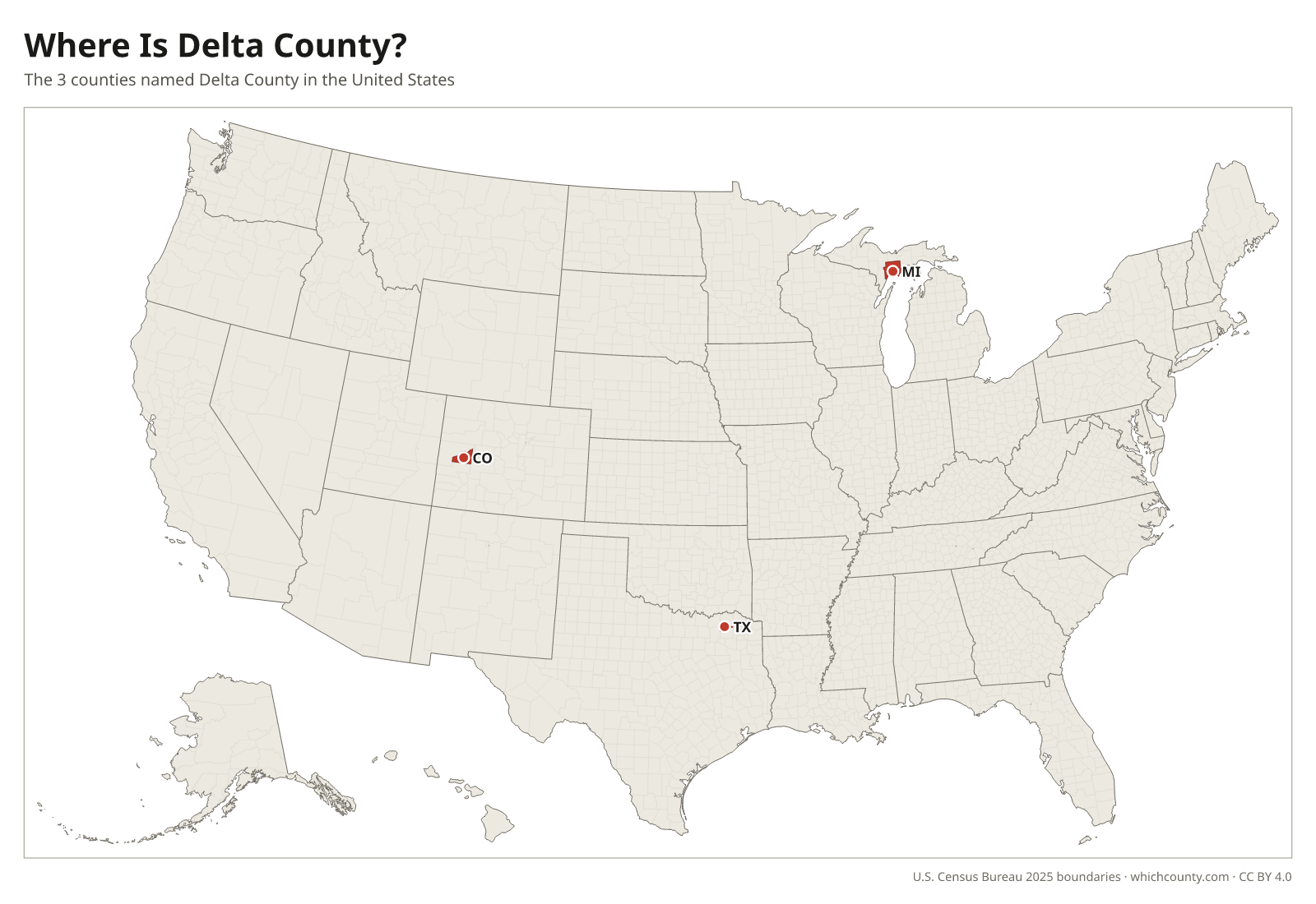 Map of the United States showing where all 3 Delta Counties are, labeled by state