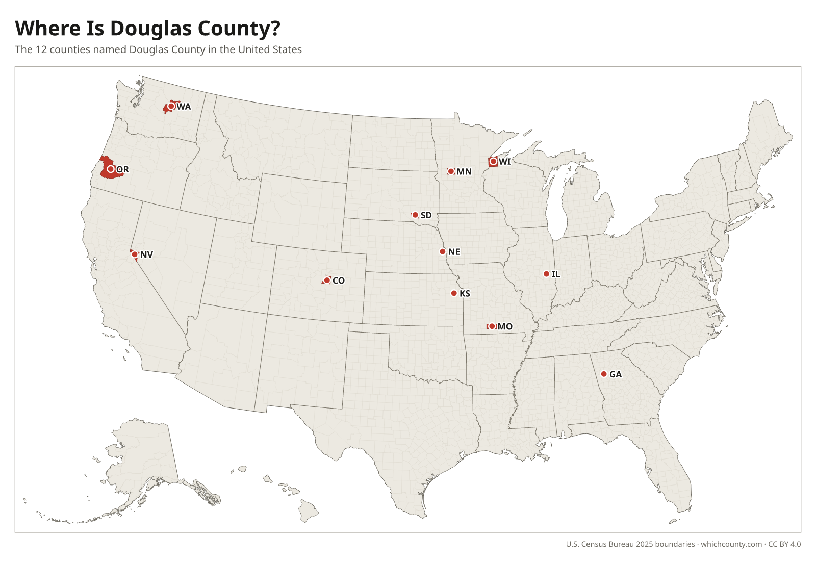 Map of the United States showing where all 12 Douglas Counties are, labeled by state