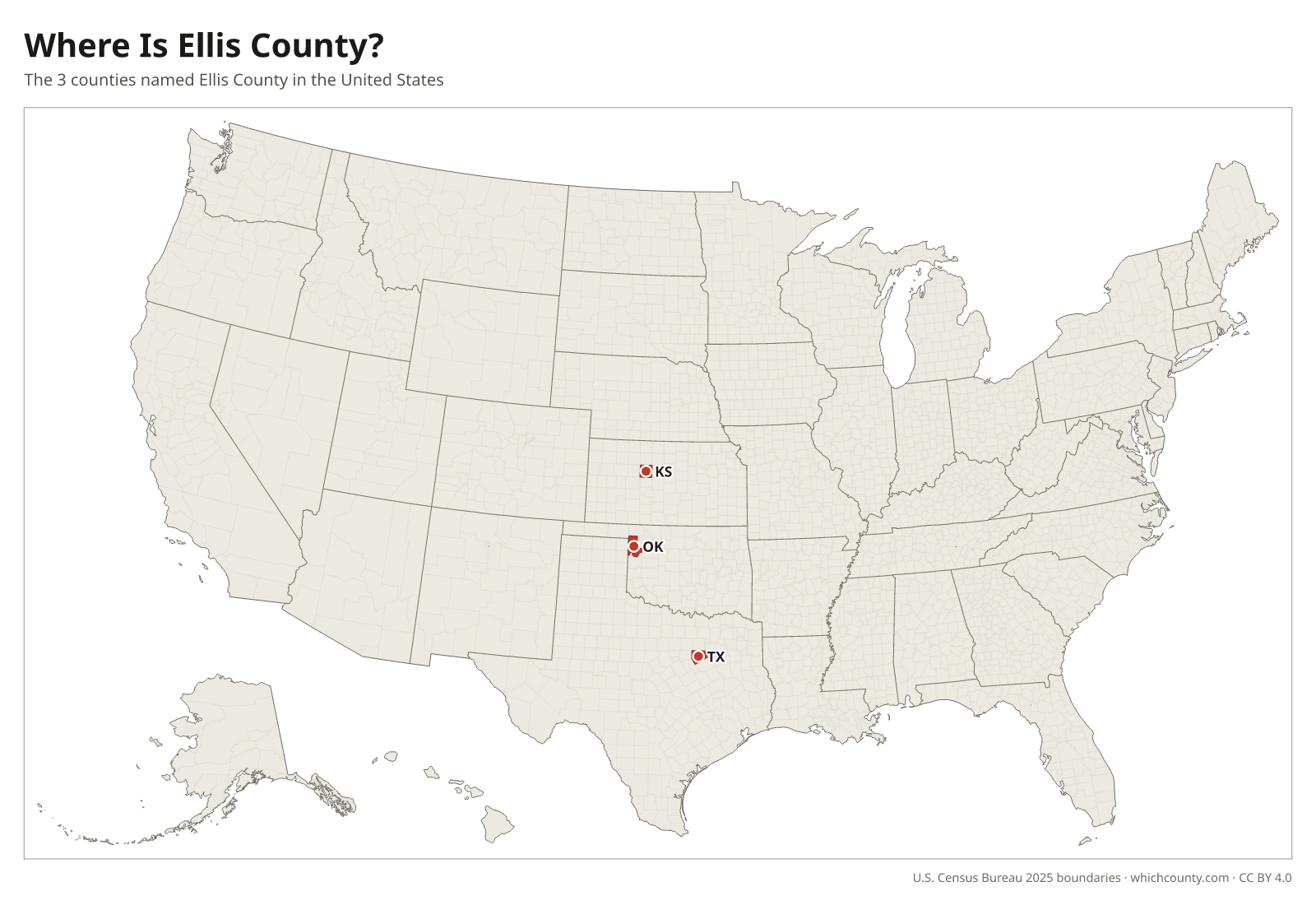 Map of the United States showing where all 3 Ellis Counties are, labeled by state