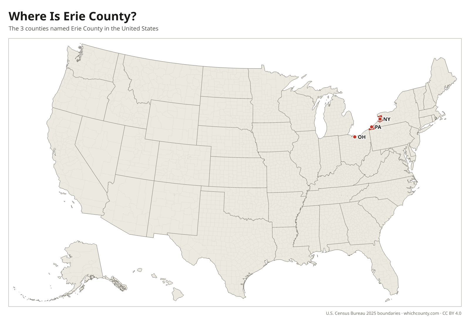 Map of the United States showing where all 3 Erie Counties are, labeled by state
