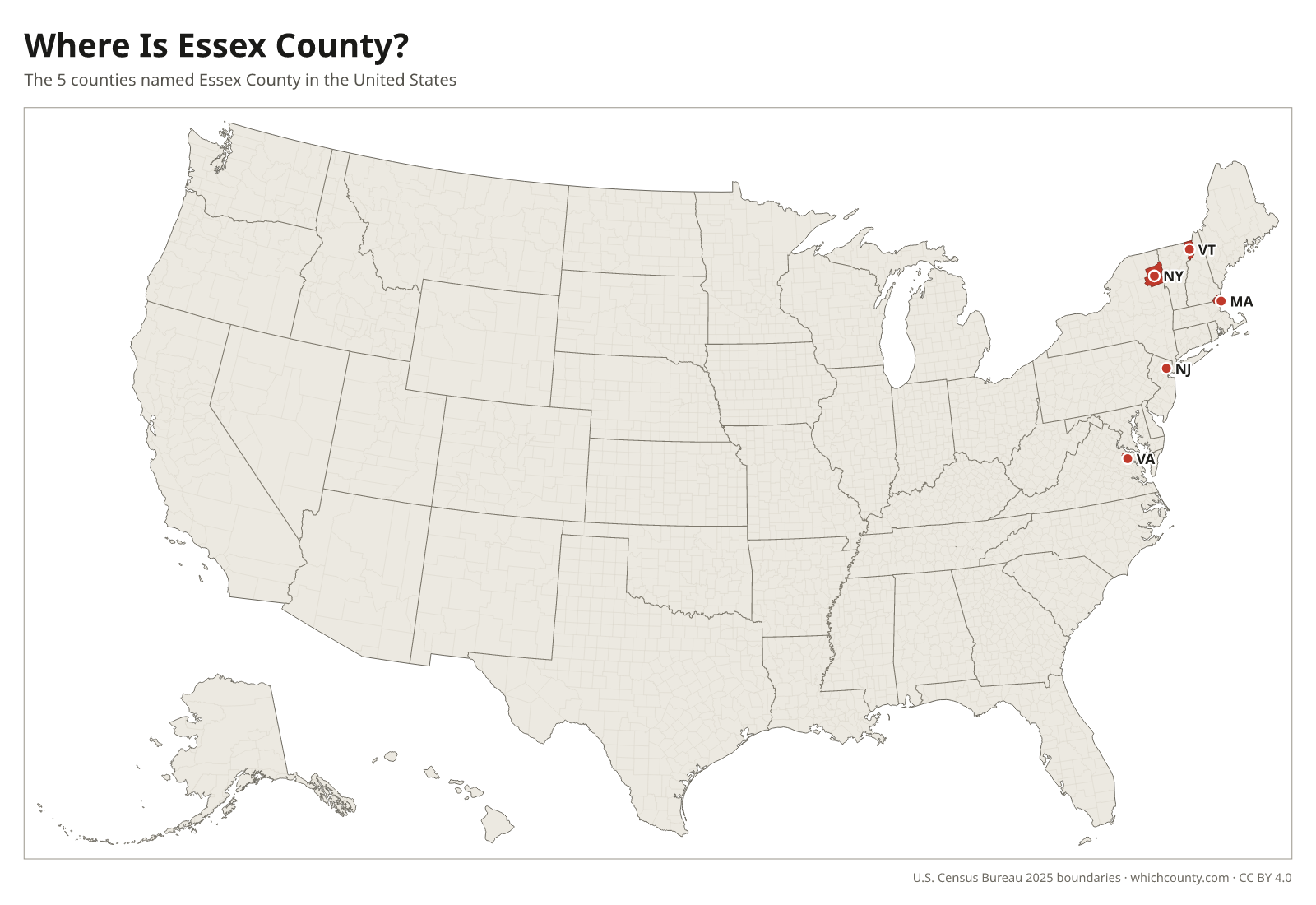 Map of the United States showing where all 5 Essex Counties are, labeled by state