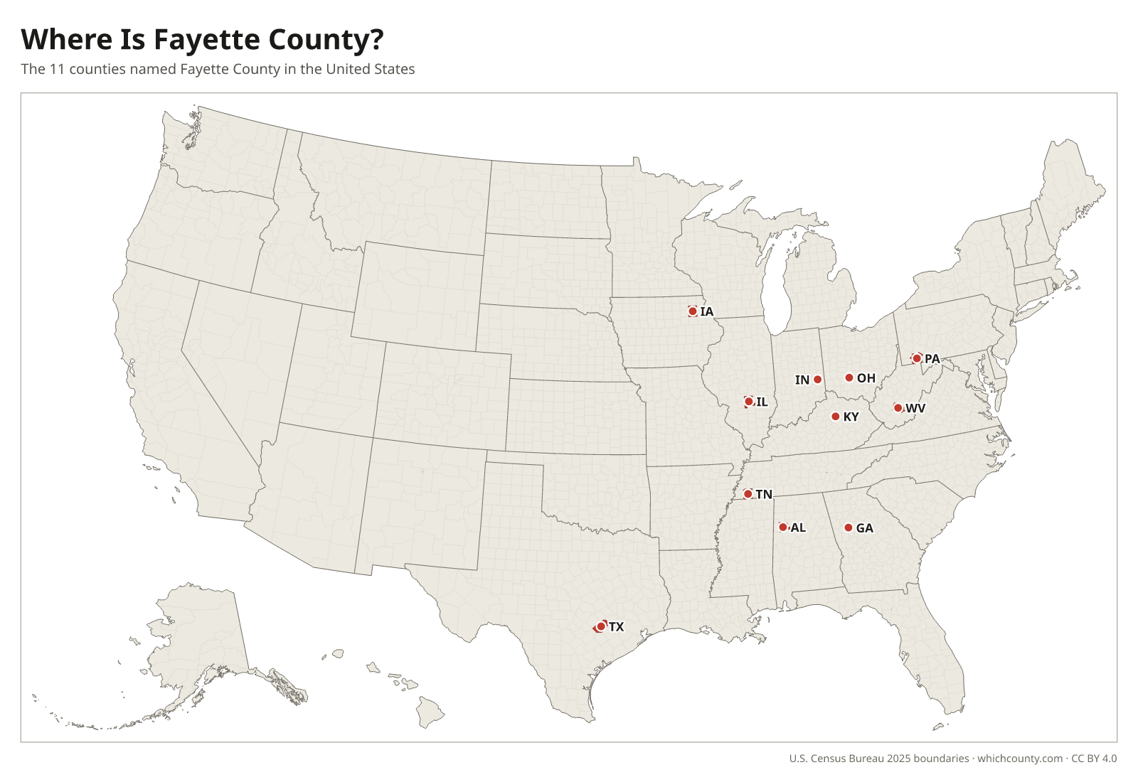 Map of the United States showing where all 11 Fayette Counties are, labeled by state