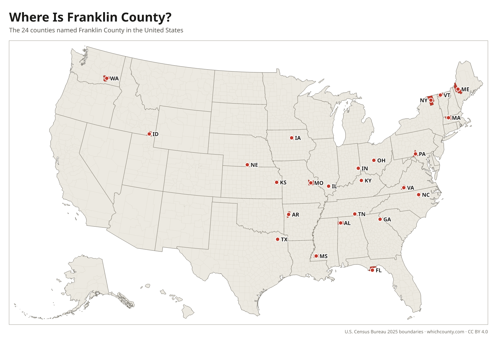 Map of the United States showing where all 24 Franklin Counties are, labeled by state