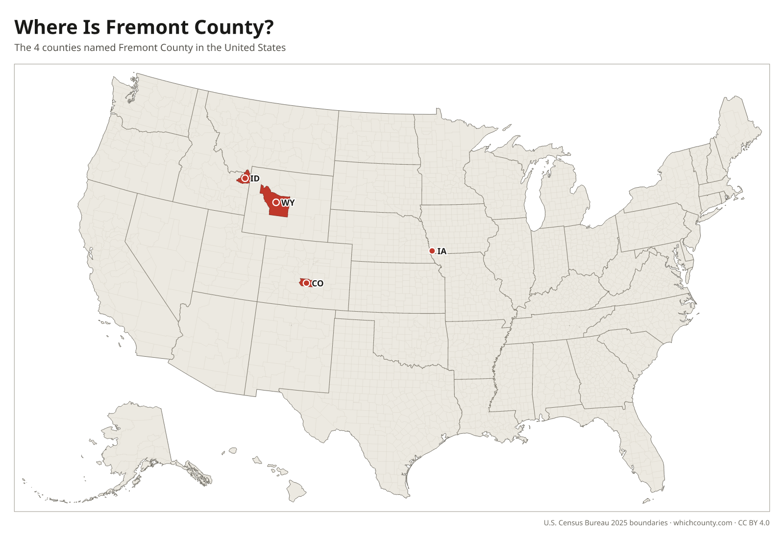 Map of the United States showing where all 4 Fremont Counties are, labeled by state