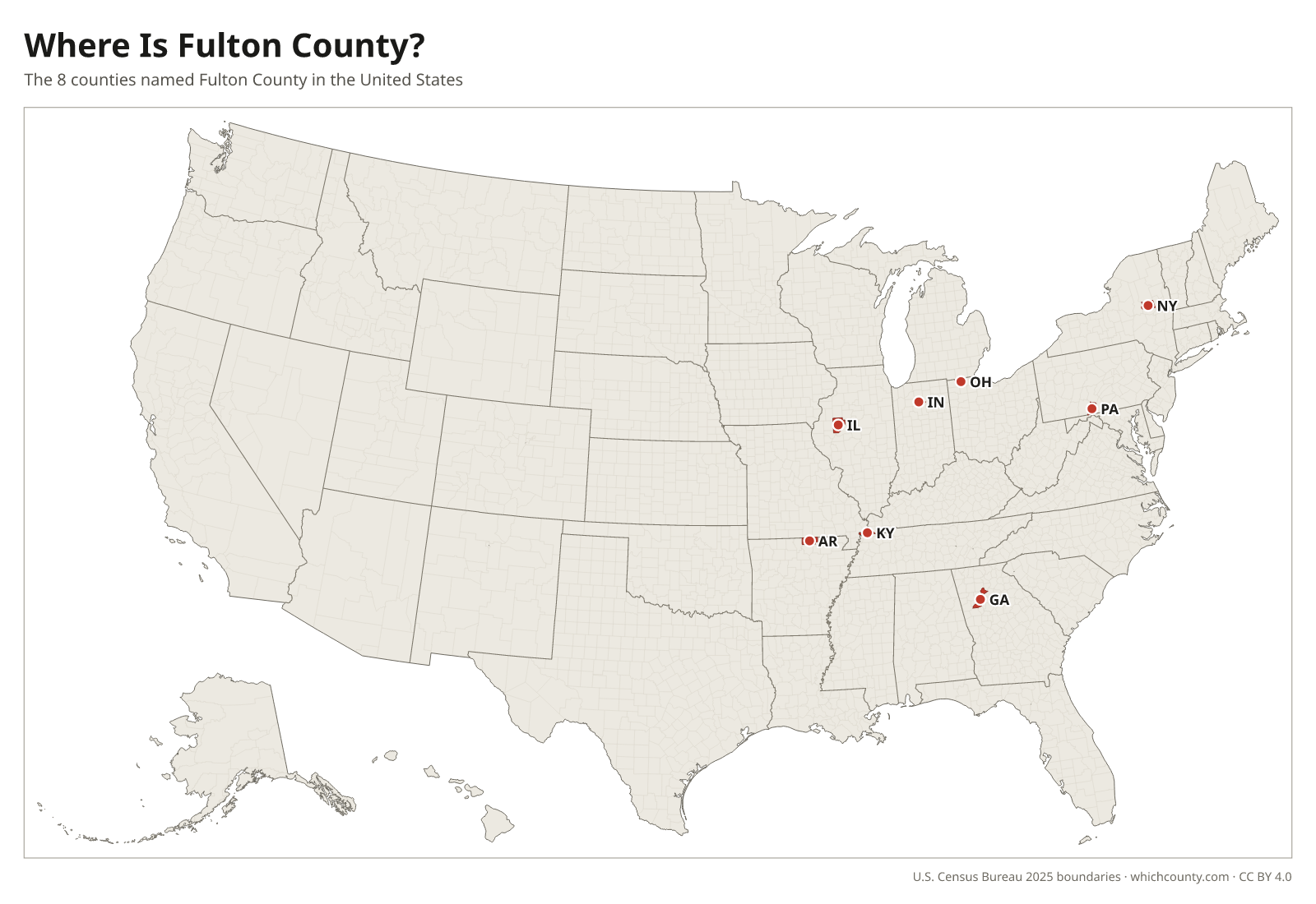 Map of the United States showing where all 8 Fulton Counties are, labeled by state