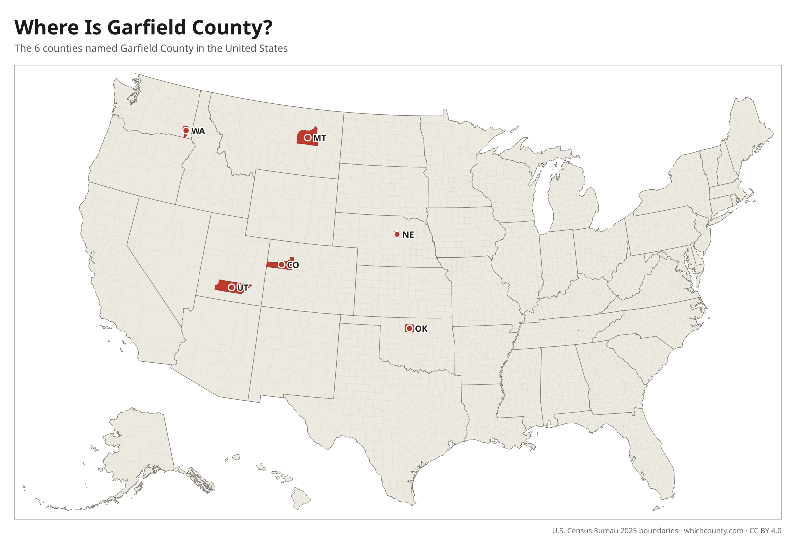 Map of the United States showing where all 6 Garfield Counties are, labeled by state