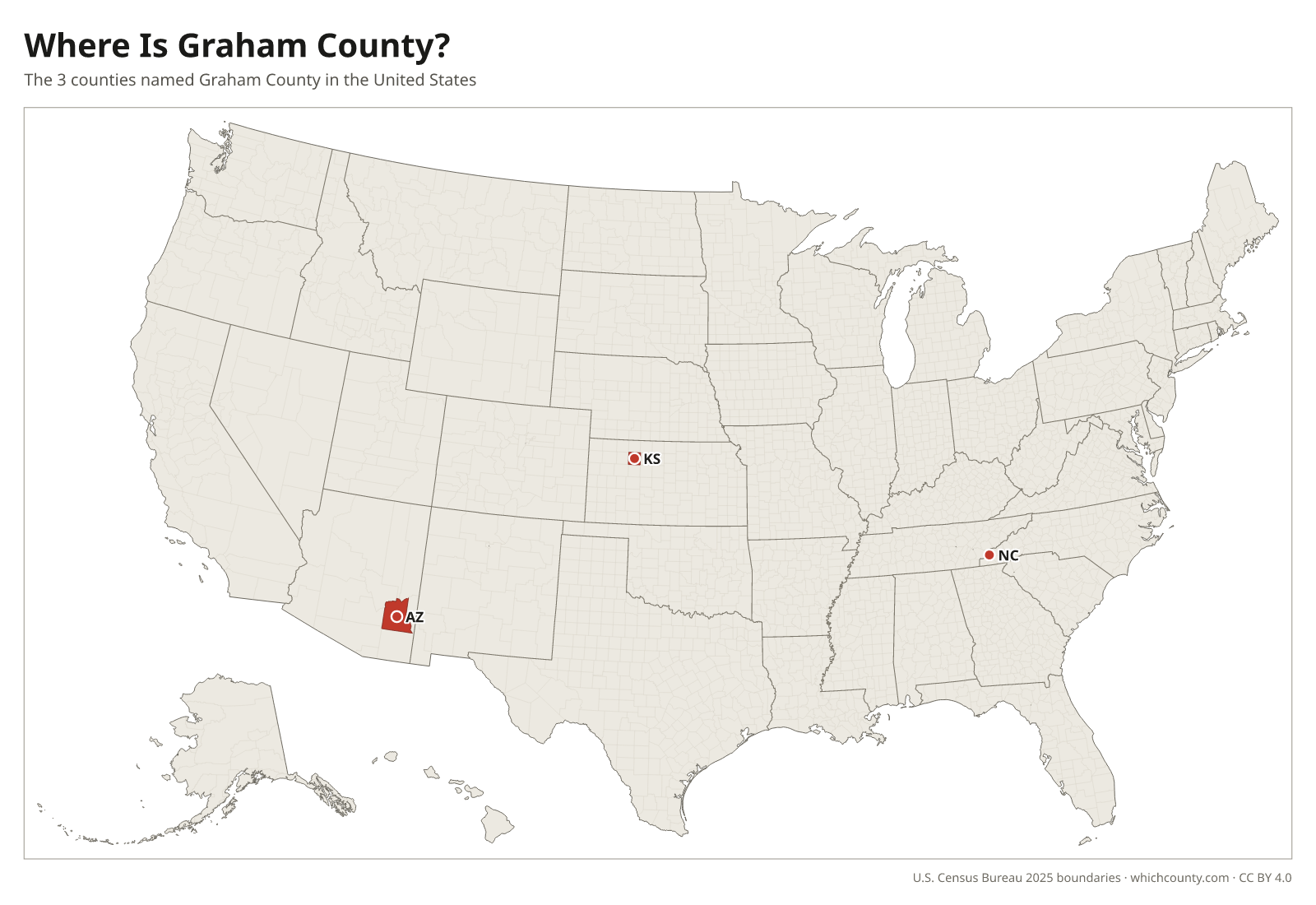 Map of the United States showing where all 3 Graham Counties are, labeled by state
