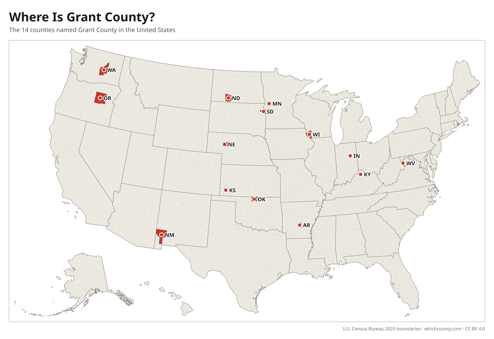 Map of the United States showing where all 14 Grant Counties are, labeled by state