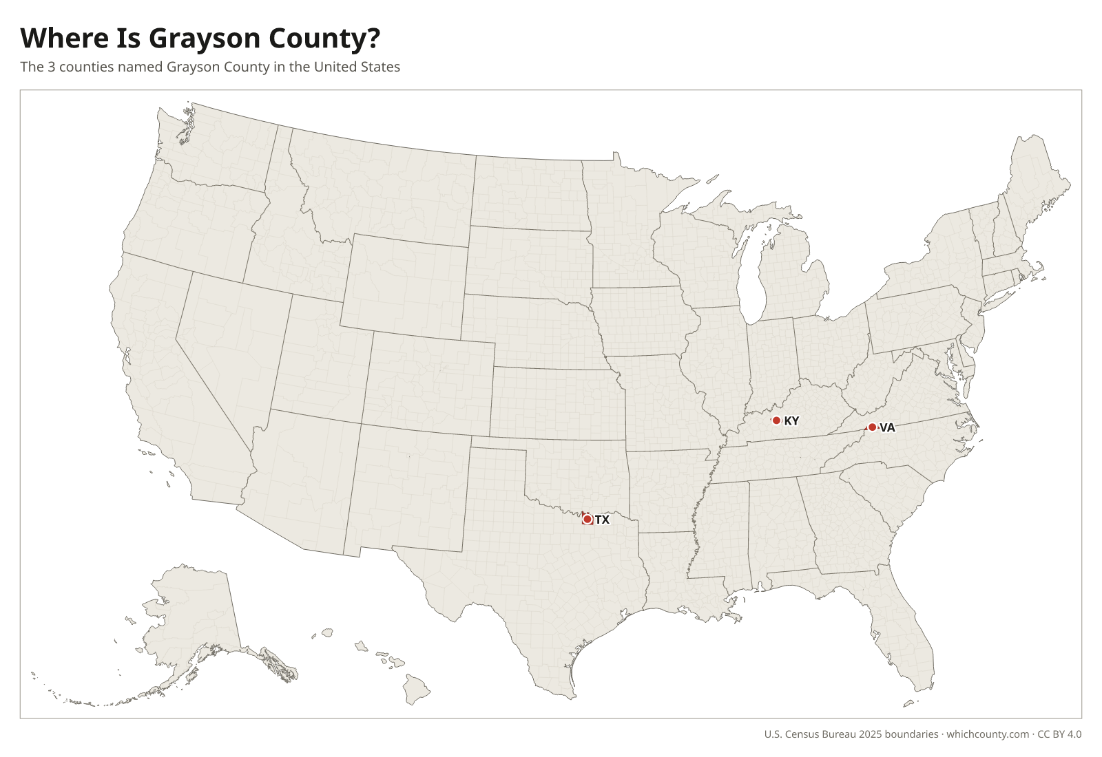 Map of the United States showing where all 3 Grayson Counties are, labeled by state
