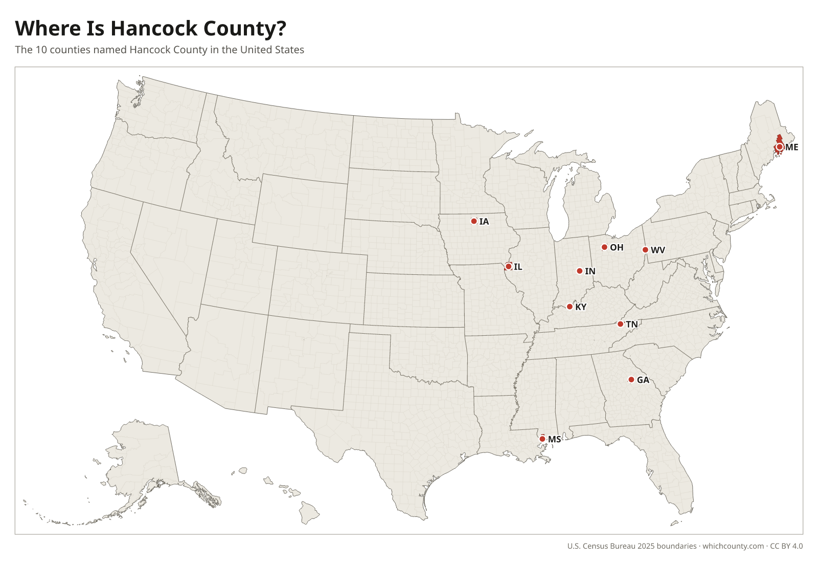 Map of the United States showing where all 10 Hancock Counties are, labeled by state
