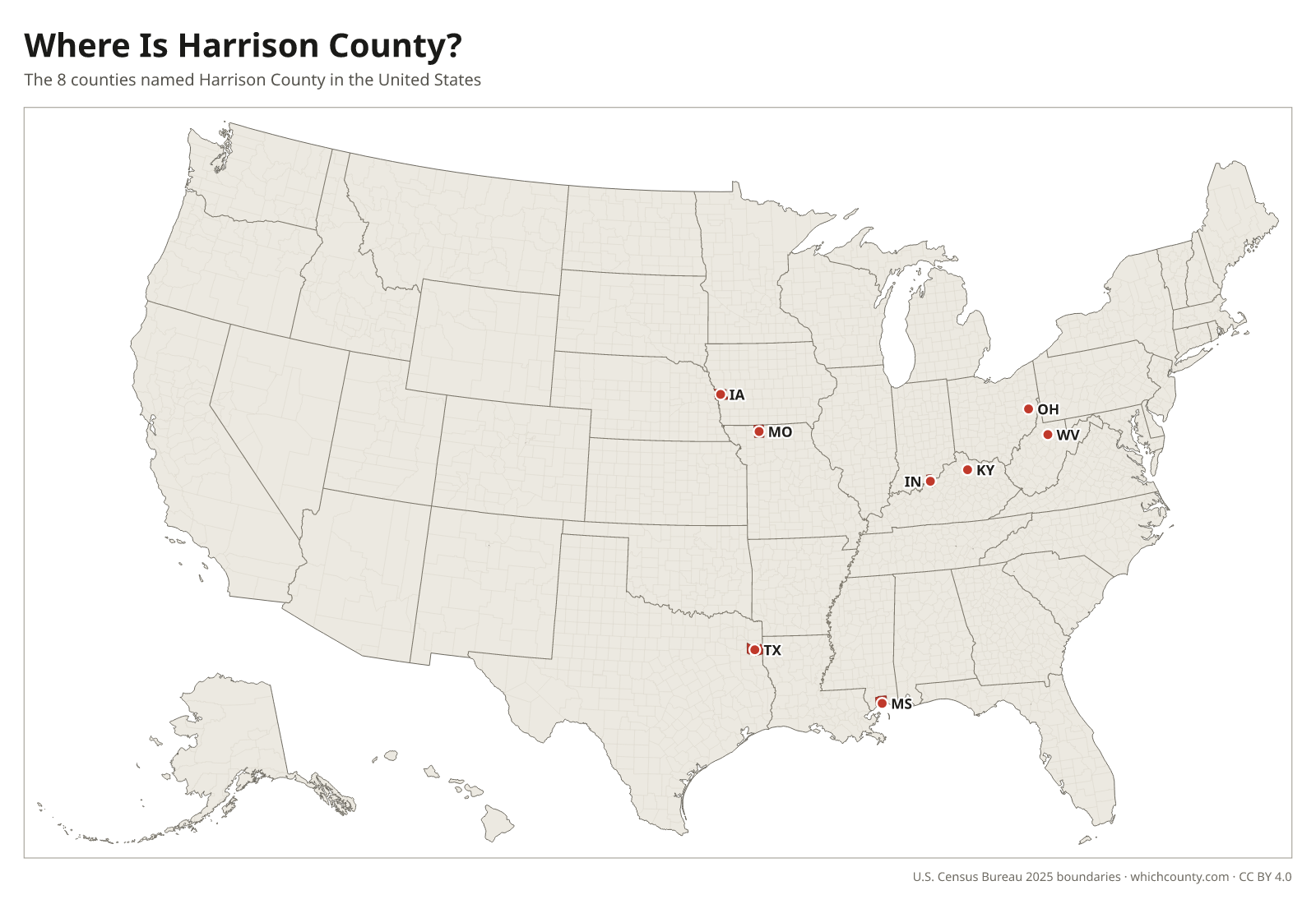 Map of the United States showing where all 8 Harrison Counties are, labeled by state