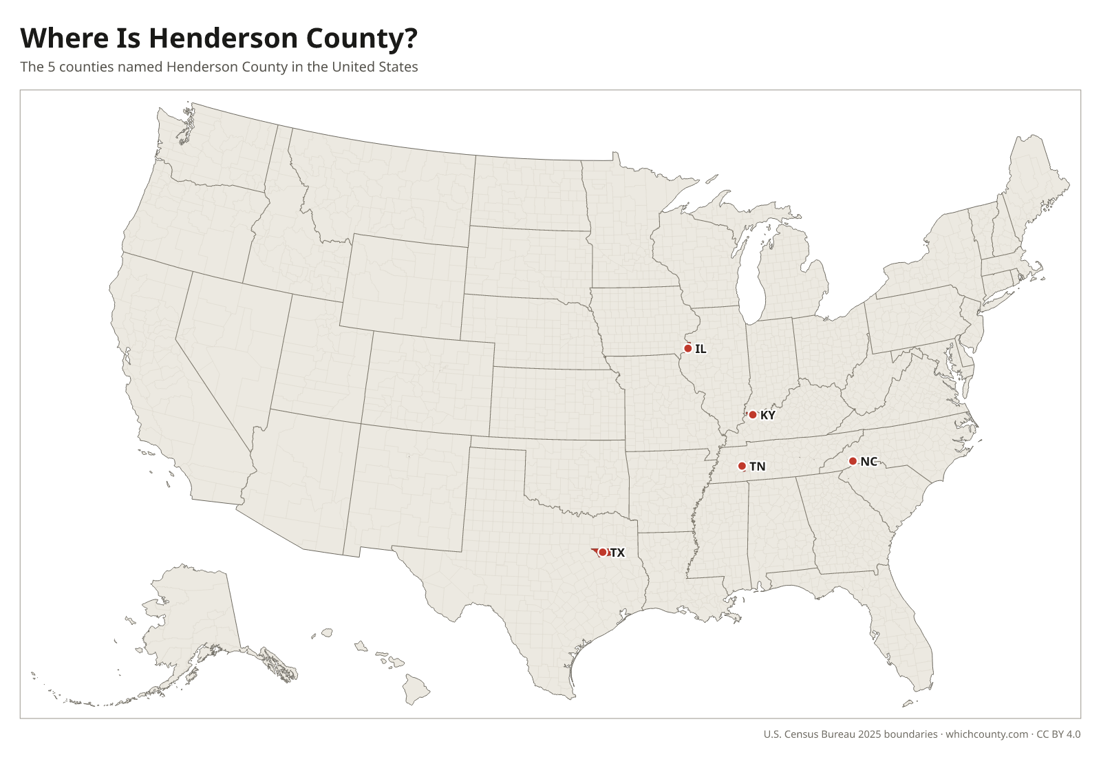 Map of the United States showing where all 5 Henderson Counties are, labeled by state