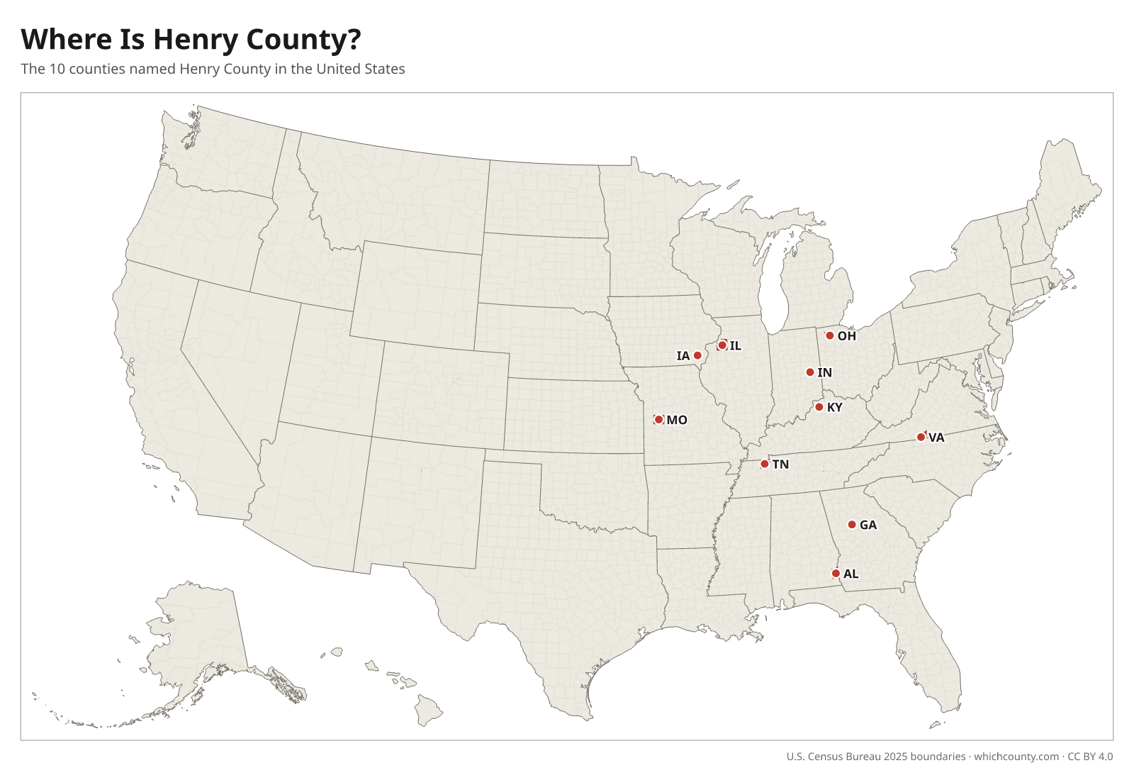 Map of the United States showing where all 10 Henry Counties are, labeled by state
