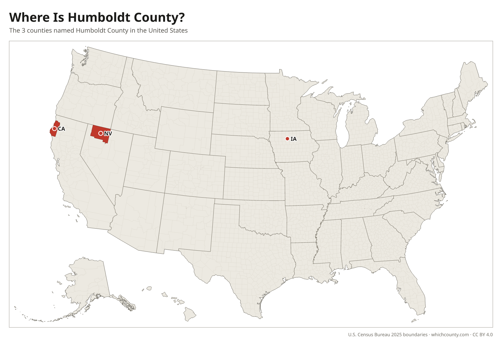 Map of the United States showing where all 3 Humboldt Counties are, labeled by state