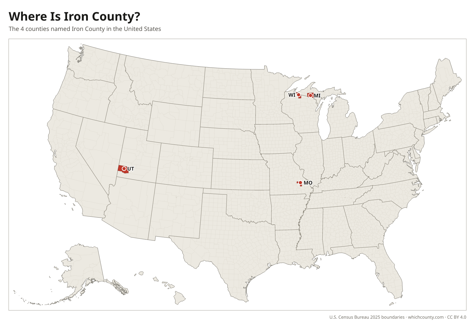 Map of the United States showing where all 4 Iron Counties are, labeled by state