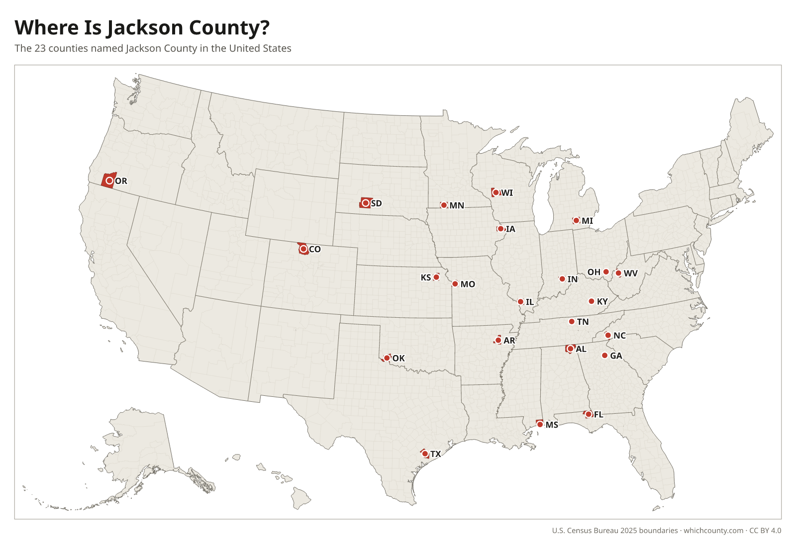 Map of the United States showing where all 23 Jackson Counties are, labeled by state