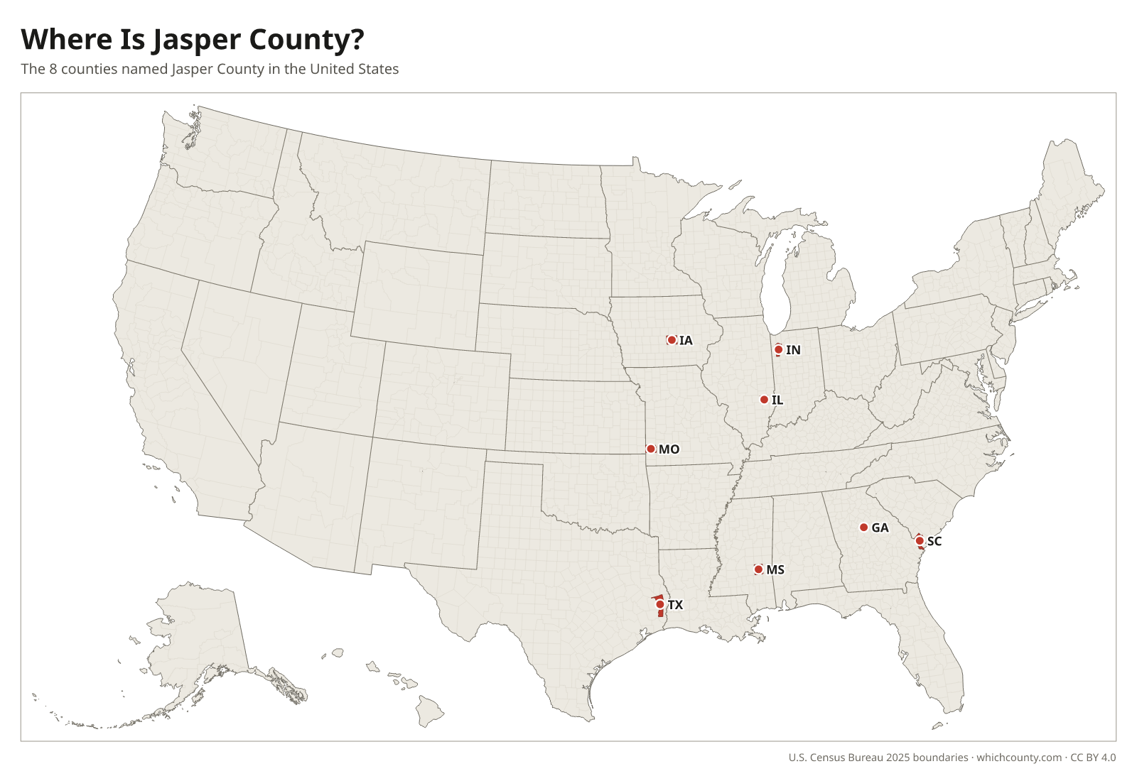 Map of the United States showing where all 8 Jasper Counties are, labeled by state