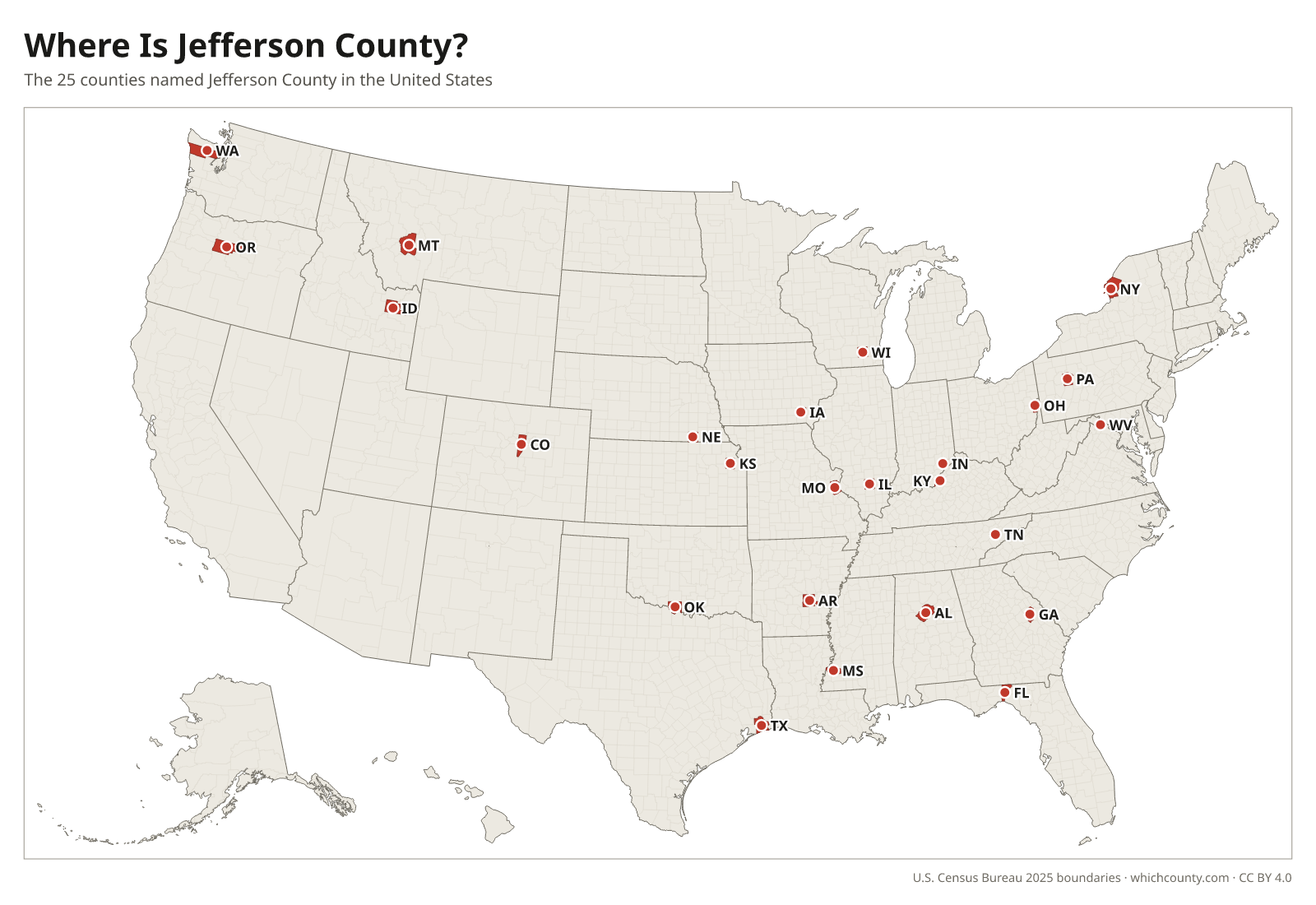 Map of the United States showing where all 25 Jefferson Counties are, labeled by state