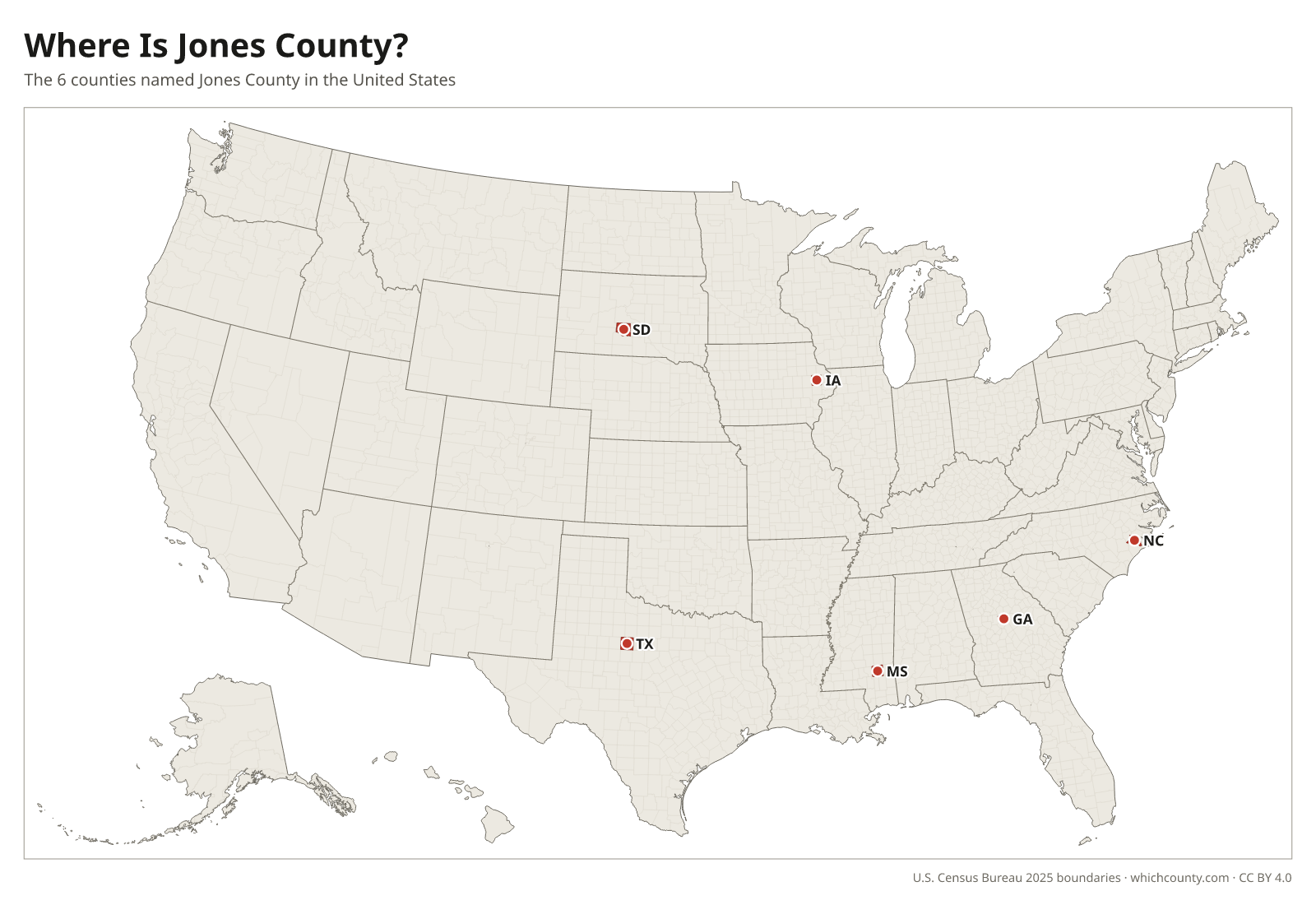 Map of the United States showing where all 6 Jones Counties are, labeled by state