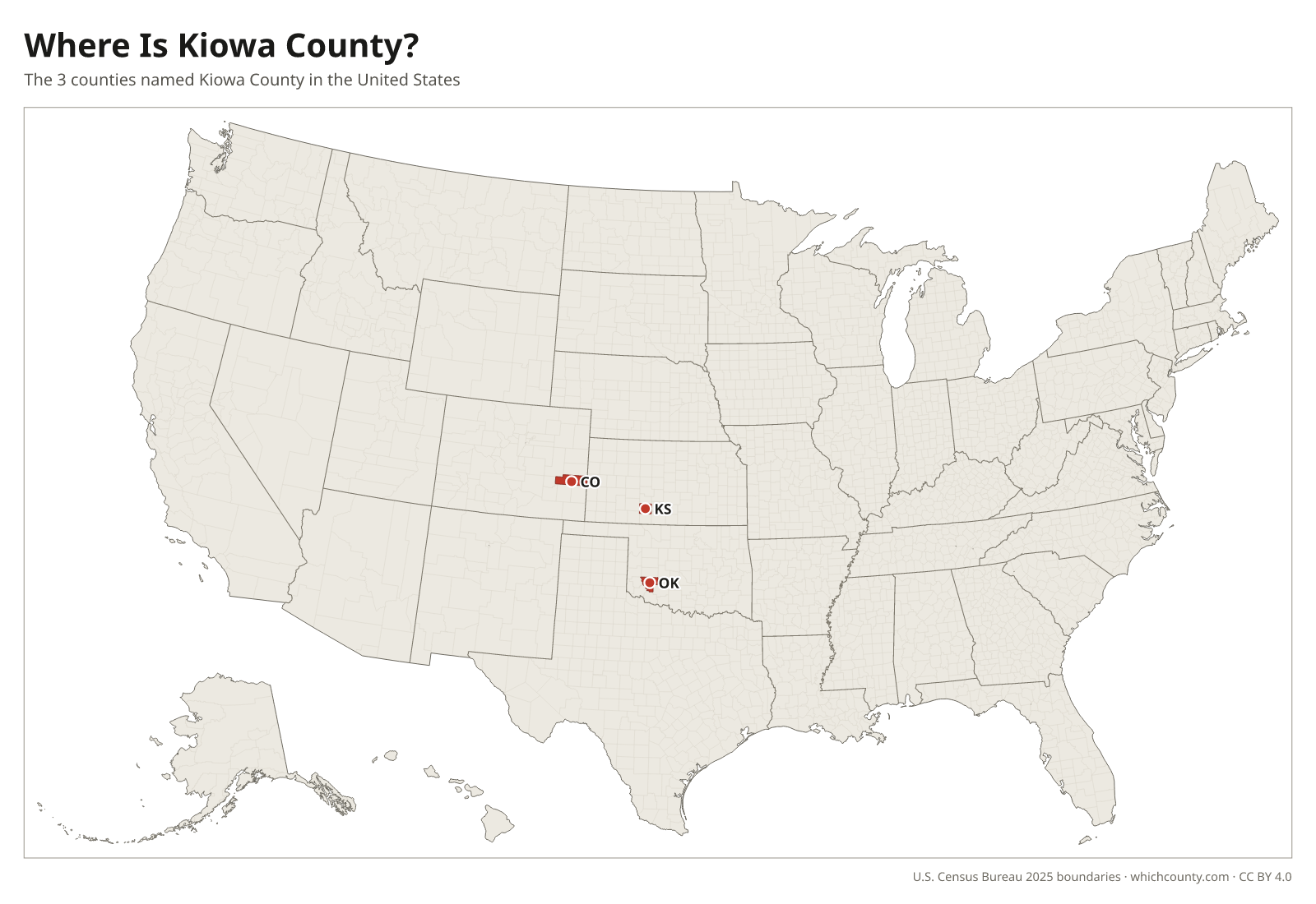 Map of the United States showing where all 3 Kiowa Counties are, labeled by state