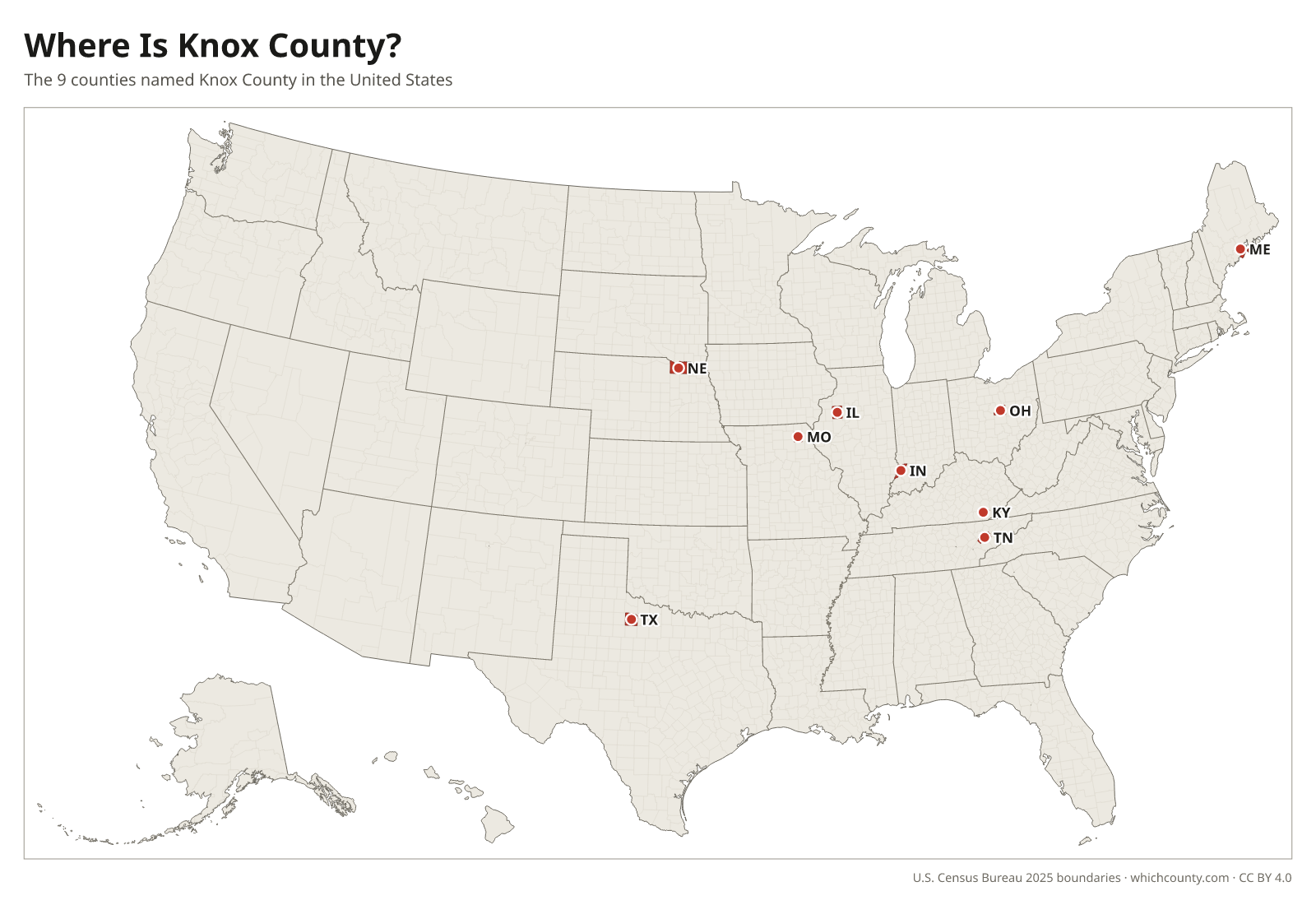 Map of the United States showing where all 9 Knox Counties are, labeled by state