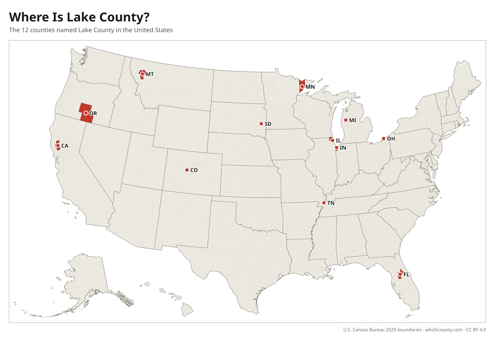 Map of the United States showing where all 12 Lake Counties are, labeled by state