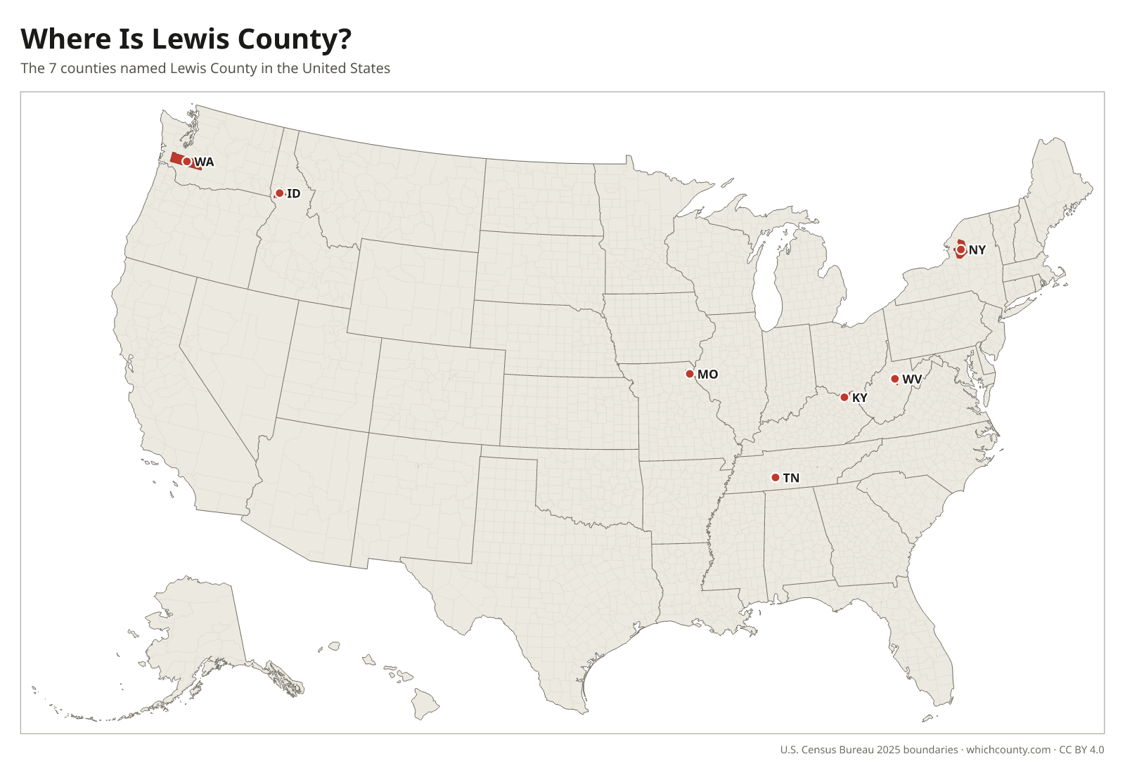 Map of the United States showing where all 7 Lewis Counties are, labeled by state