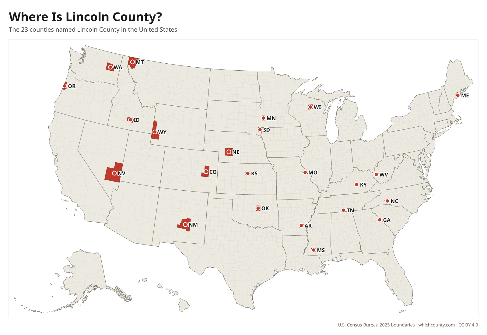 Map of the United States showing where all 23 Lincoln Counties are, labeled by state