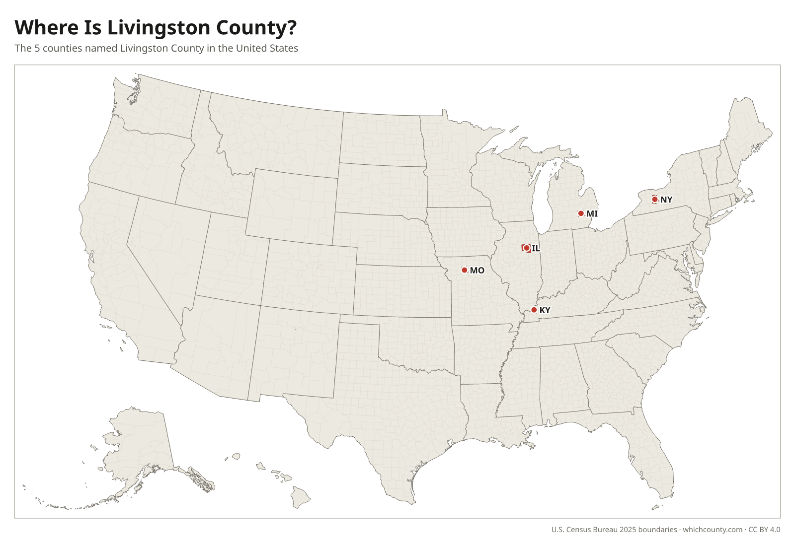 Map of the United States showing where all 5 Livingston Counties are, labeled by state
