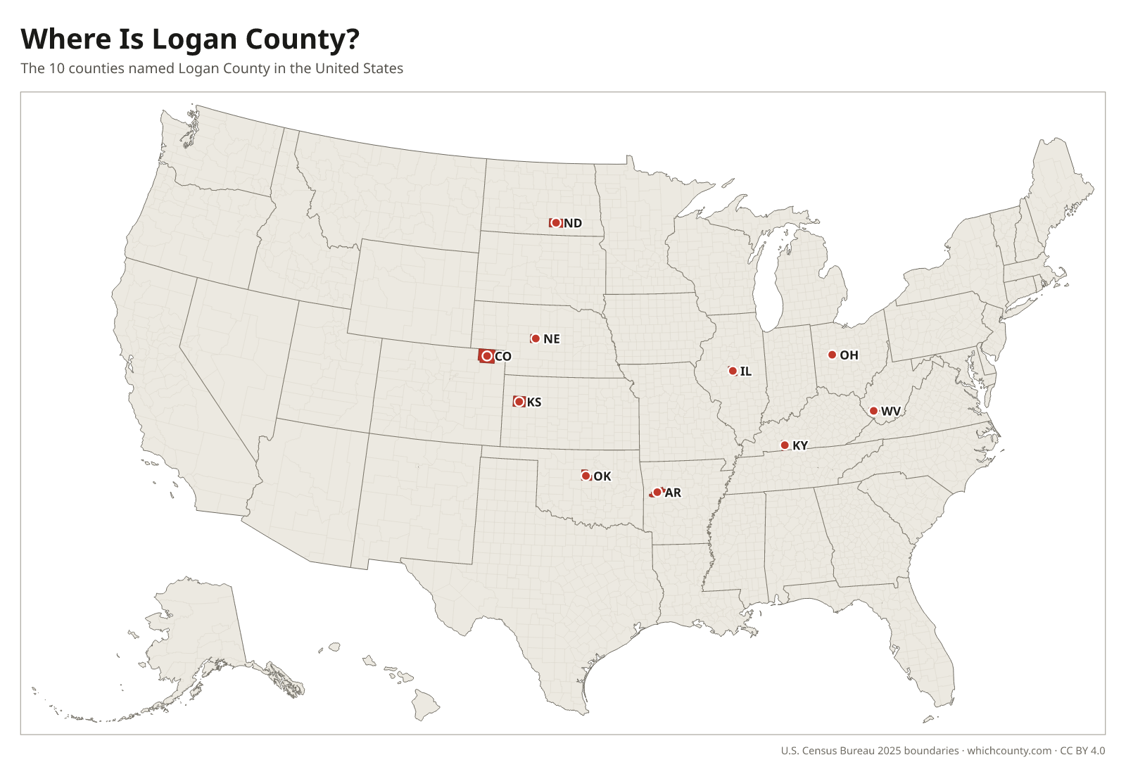 Map of the United States showing where all 10 Logan Counties are, labeled by state