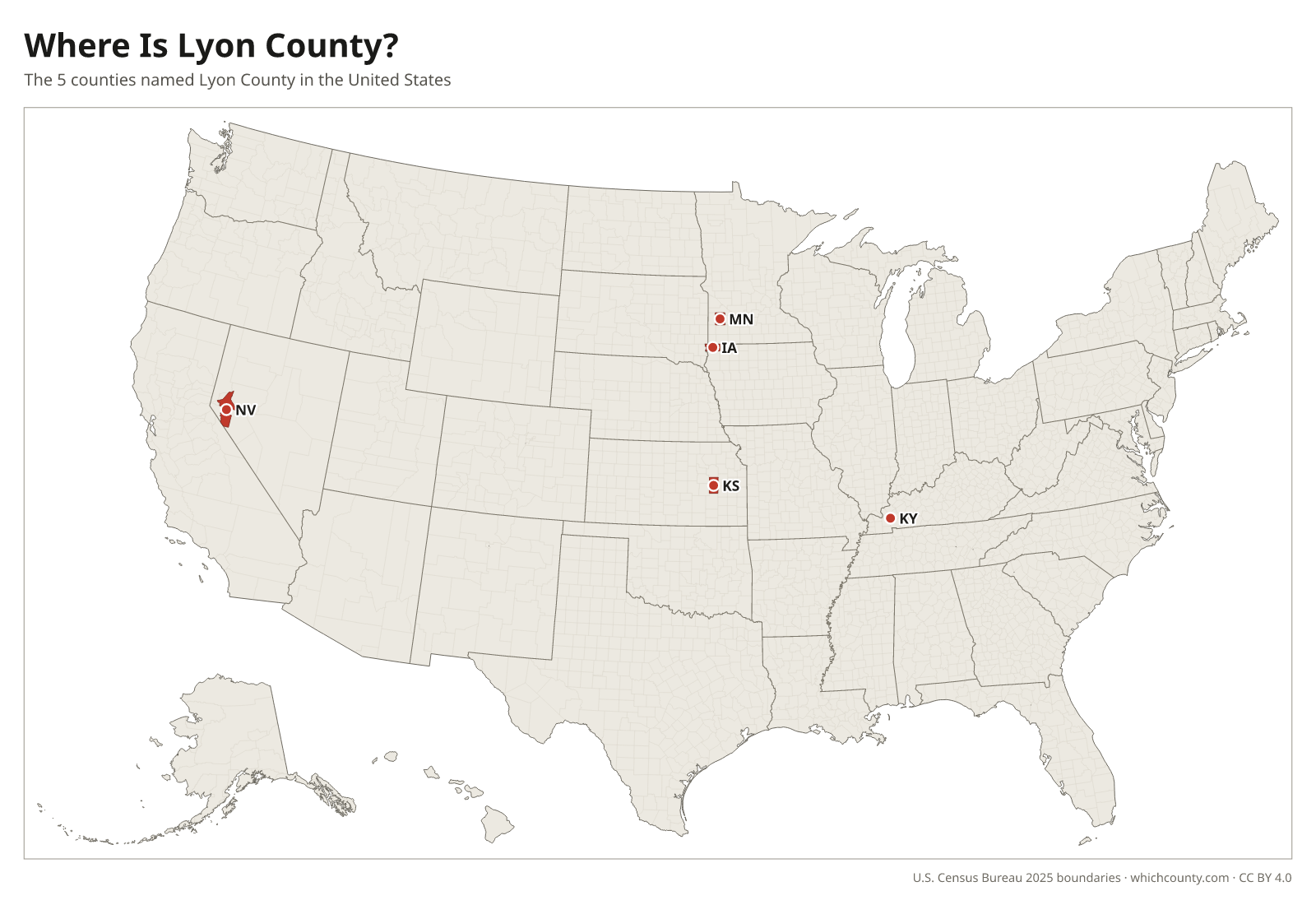 Map of the United States showing where all 5 Lyon Counties are, labeled by state