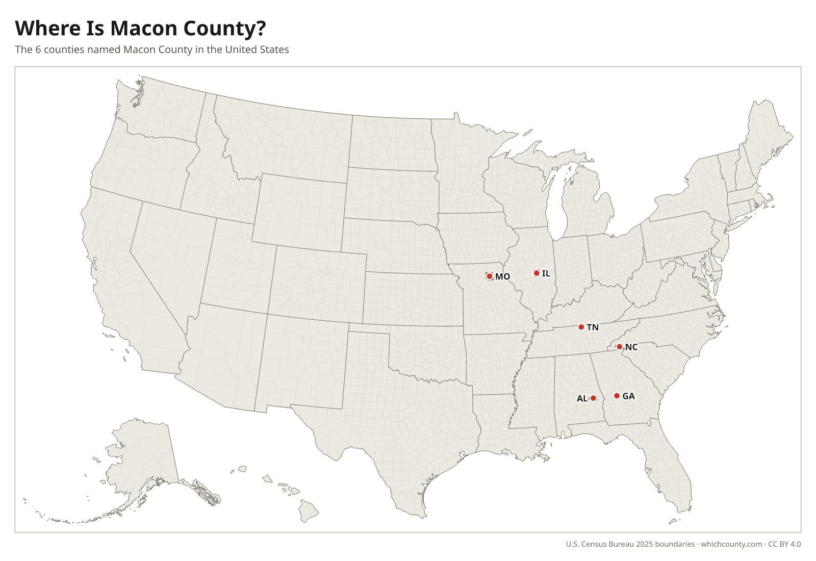 Map of the United States showing where all 6 Macon Counties are, labeled by state