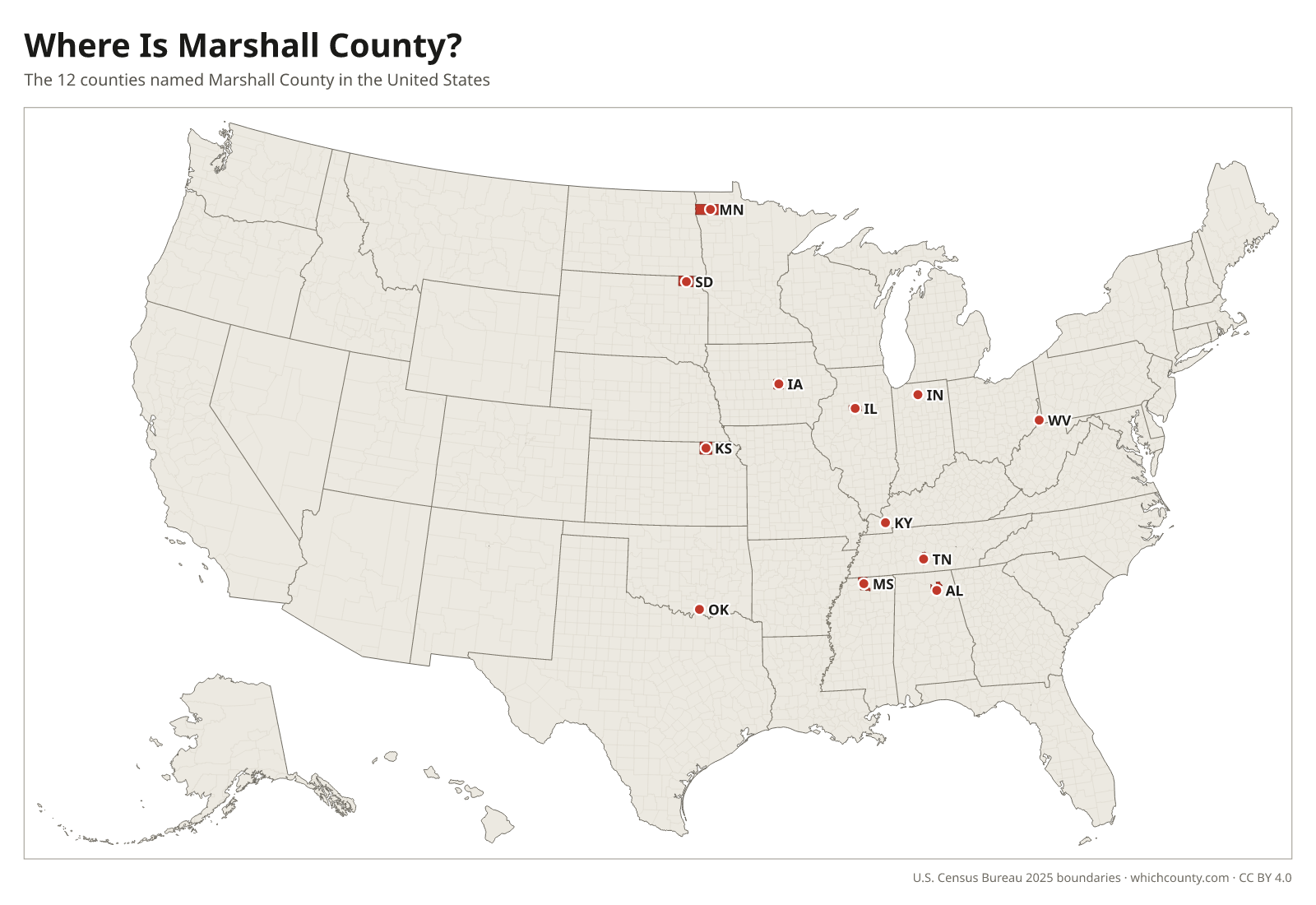Map of the United States showing where all 12 Marshall Counties are, labeled by state