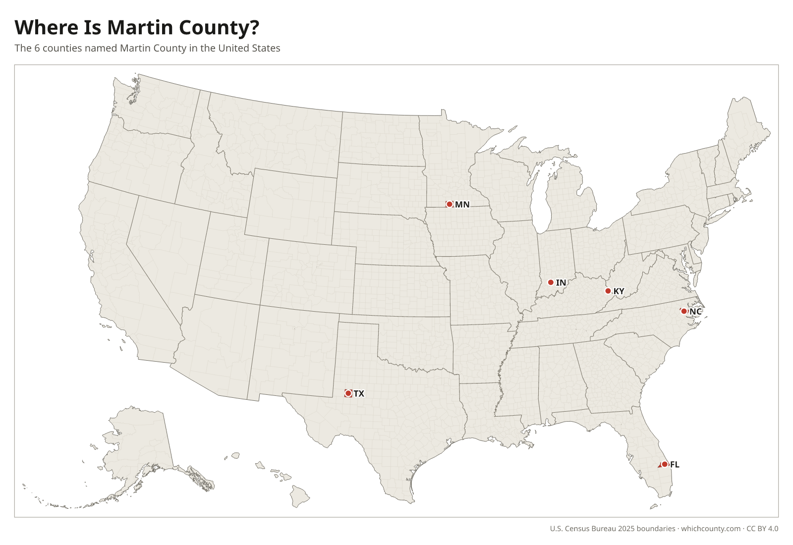 Map of the United States showing where all 6 Martin Counties are, labeled by state