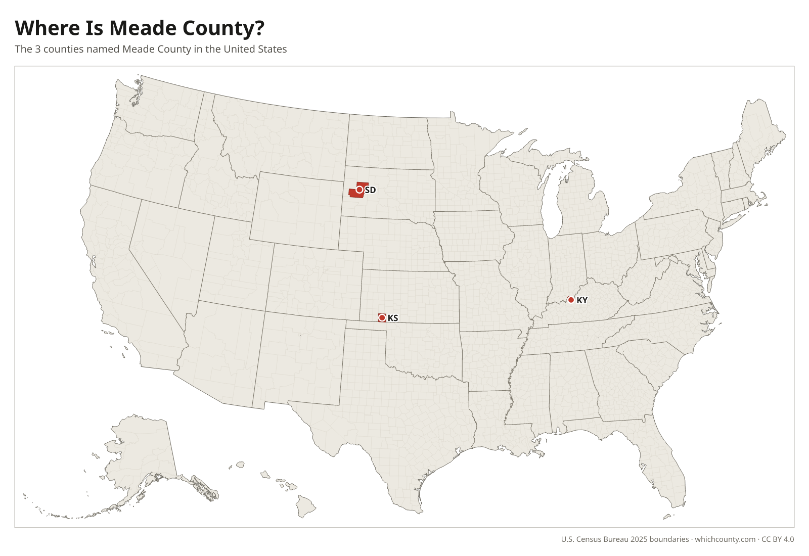 Map of the United States showing where all 3 Meade Counties are, labeled by state