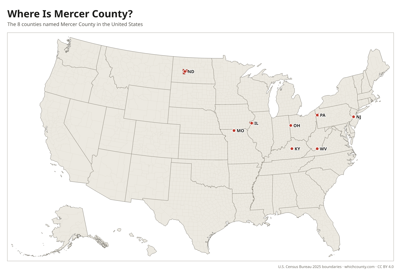 Map of the United States showing where all 8 Mercer Counties are, labeled by state