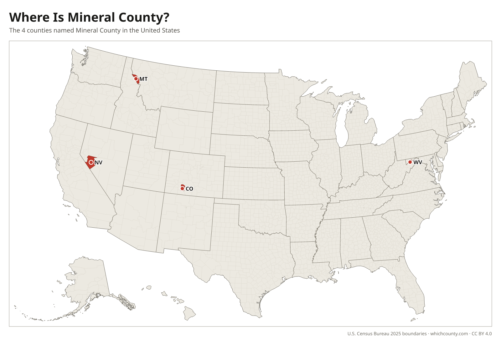 Map of the United States showing where all 4 Mineral Counties are, labeled by state